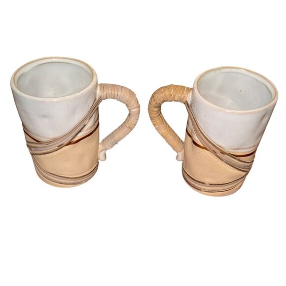 Set Of 2 Ceramic Mugs With Wrapped Handles Rustic Design Hand Wash Only - Picture 1 of 7